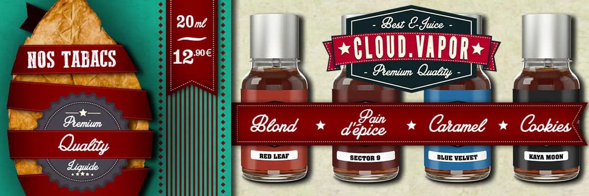 Bannière gamme Cloud Vapor : quatre e-liquides tabac sur fond rétro
