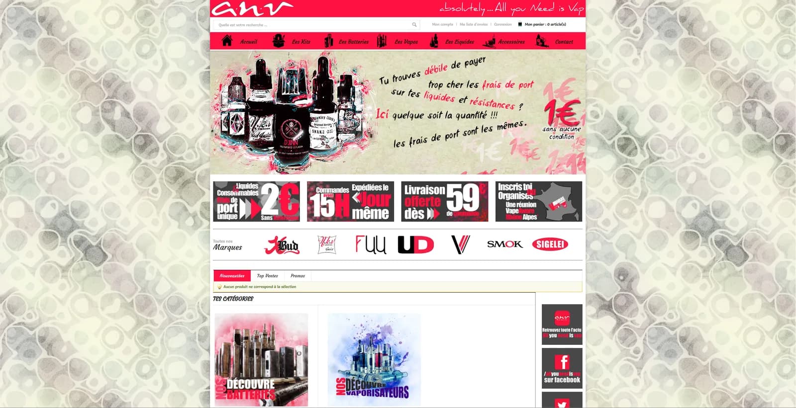Homepage complète du site anv-vap.com en 2016 : slider illustré frais de port, bannières promo, marques et catégories
