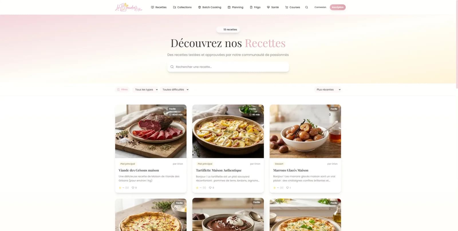 Grille des recettes : cartes photo, filtres par régime et par pathologie