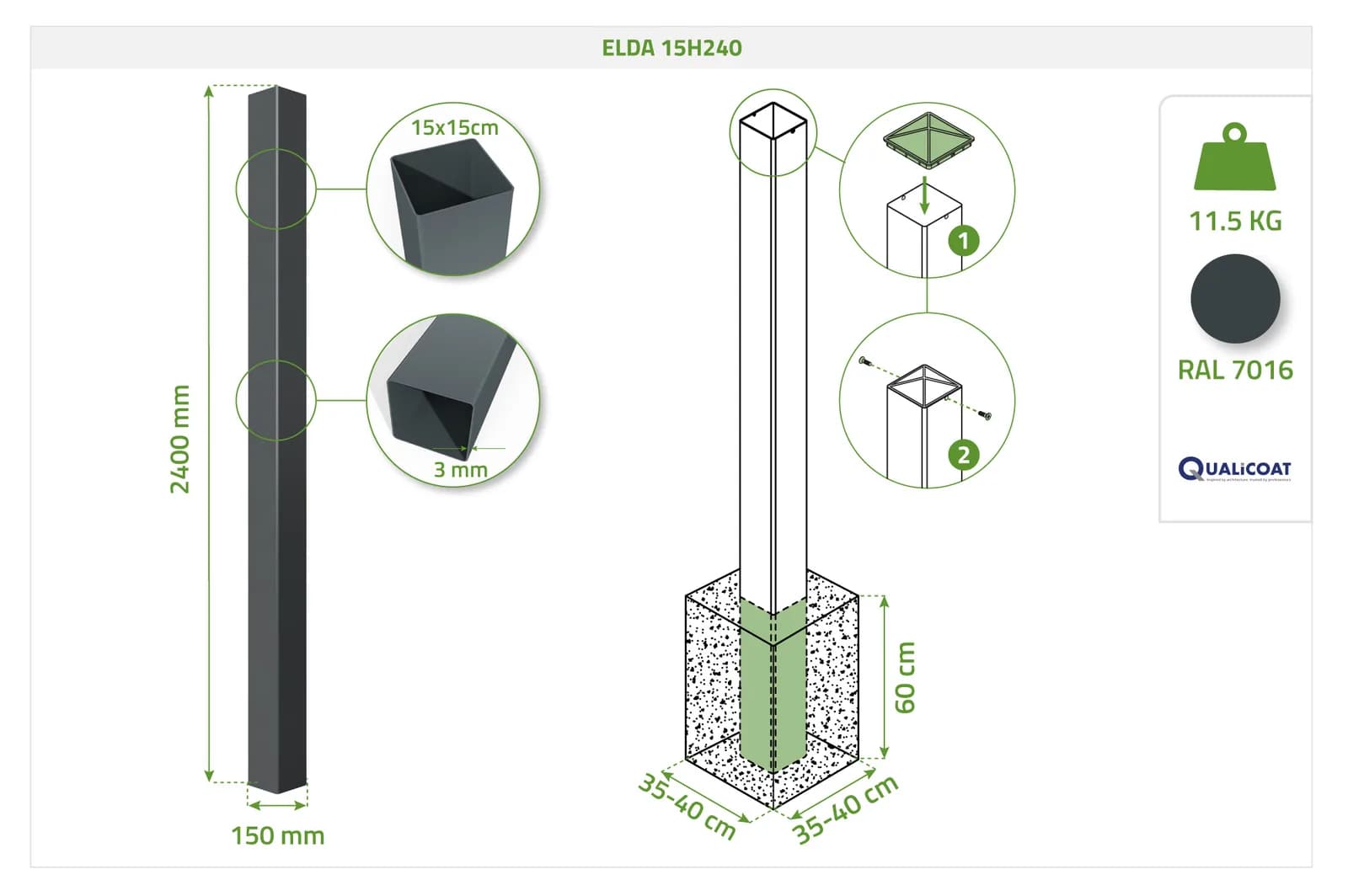 Schéma technique des poteaux aluminium avec cotations