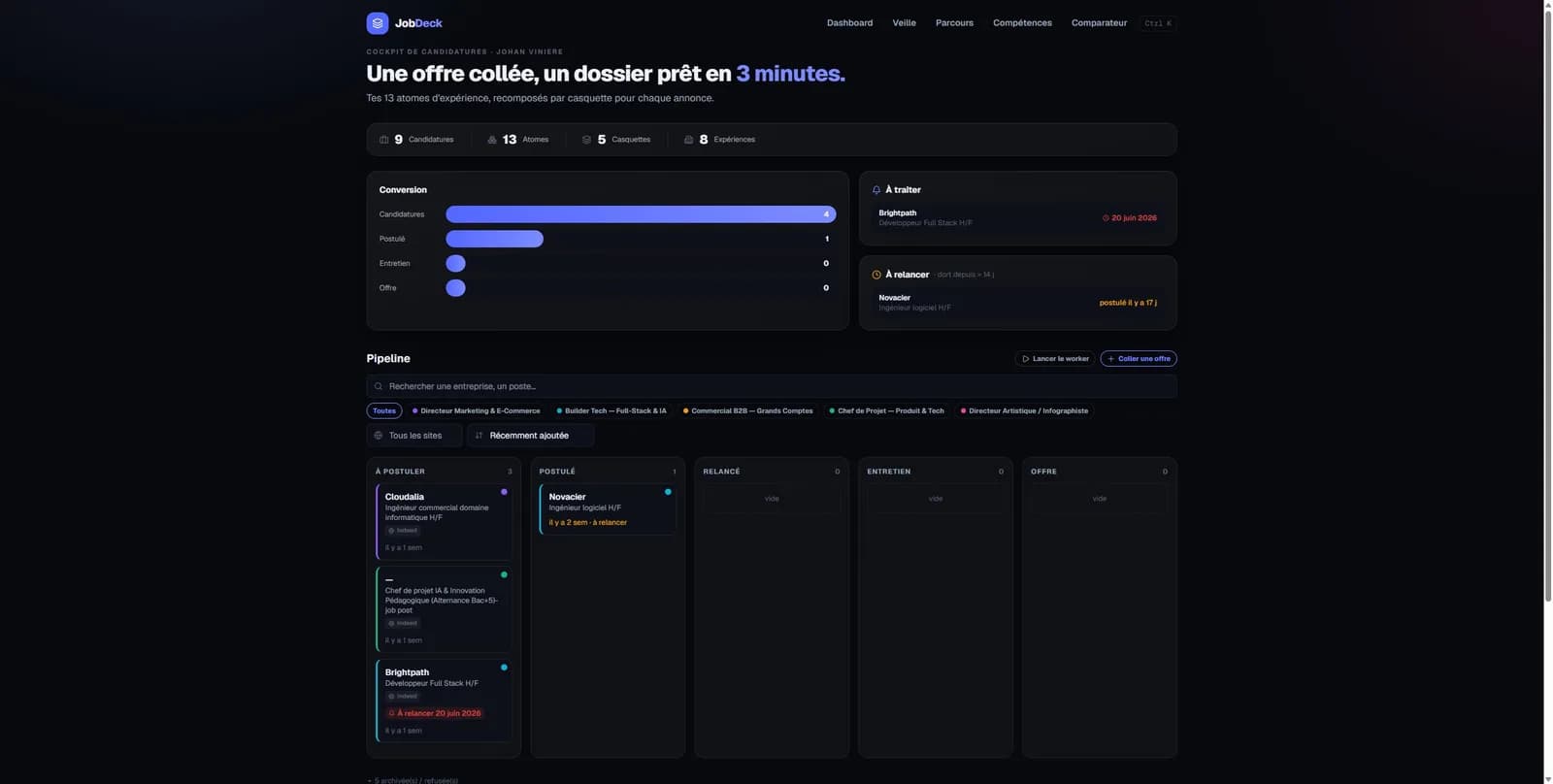 Dashboard JobDeck : entonnoir de conversion, alertes de relance et pipeline kanban