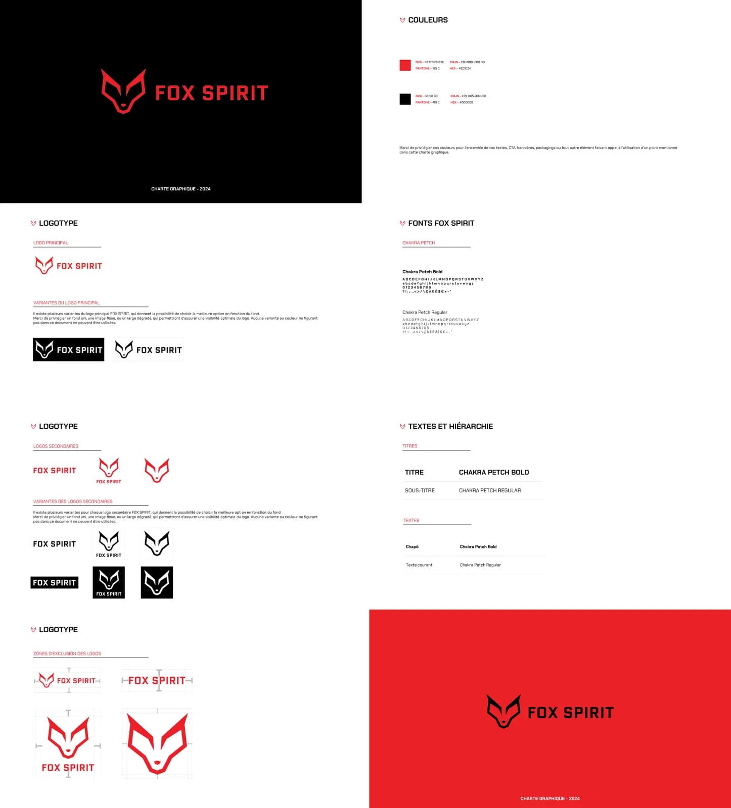 Charte graphique de la marque gaming FoxSpirit : logotype renard, variantes, couleurs, fonts Chakra Petch