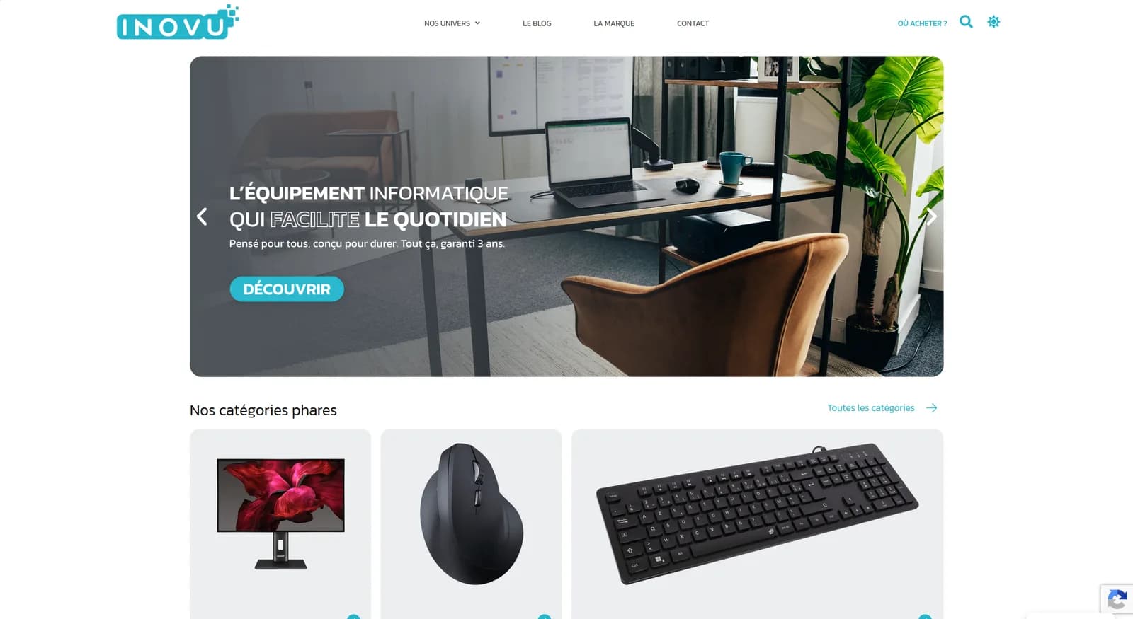 Accueil INOVU : hero lifestyle bureau, catégories phares