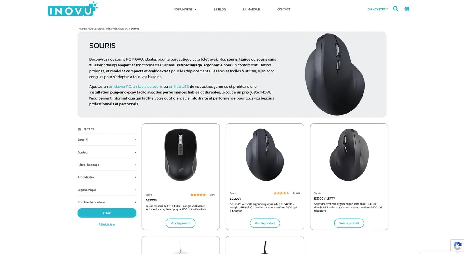 Catégorie souris : filtres ergonomie, ambidextre, rétroéclairage