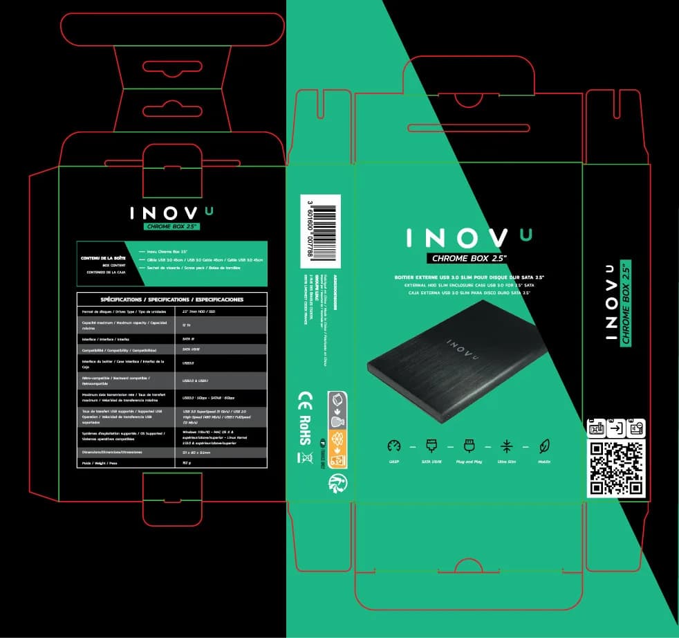 Packaging du boîtier externe INOVU Chrome Box 2,5 pouces