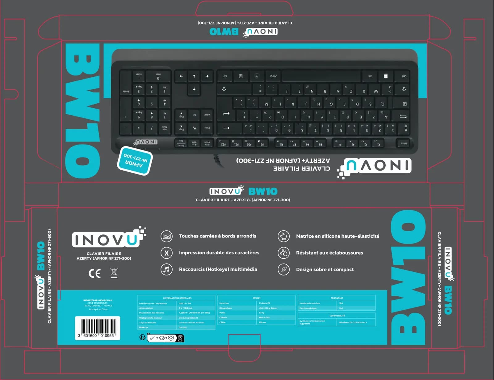 Planche packaging complète du clavier INOVU BW10 avec lignes de découpe