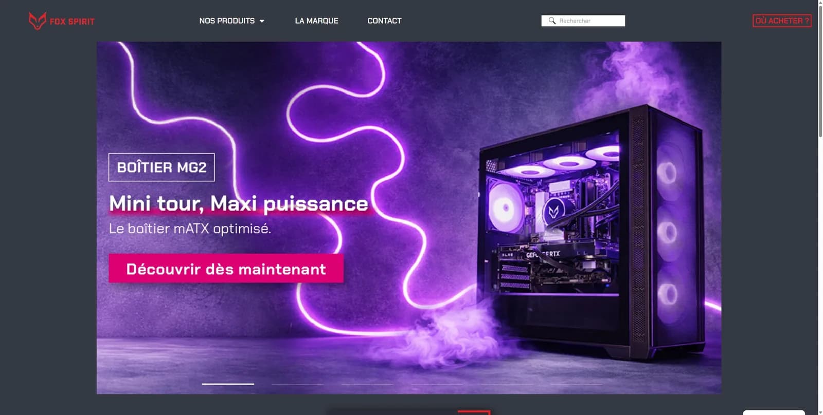 Fox-spirit.com en ligne : hero néon violet, boîtier MG2