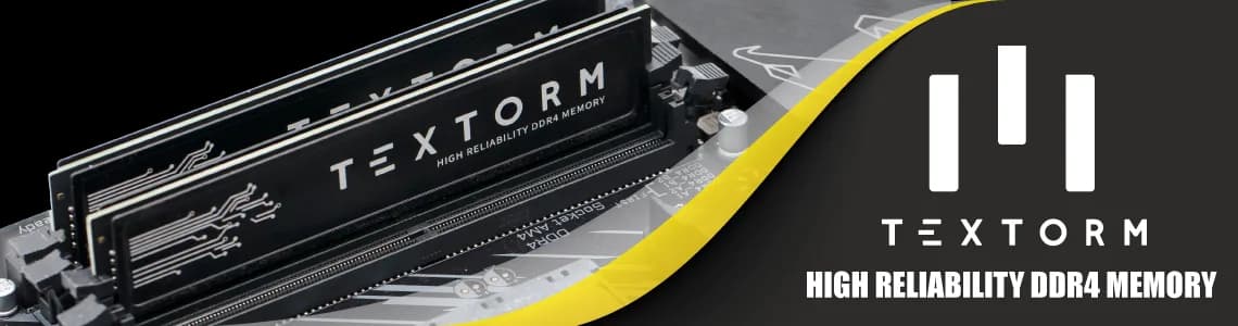 Bannière produit DDR4 : barrettes sur carte mère, vague jaune signature