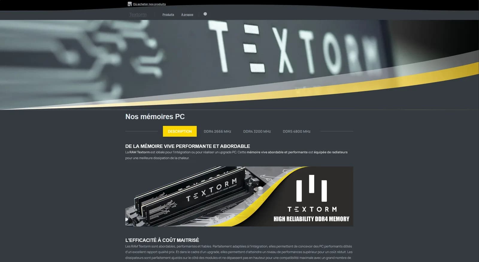 Page mémoires PC Textorm : onglets DDR4/DDR5, identité anthracite et jaune