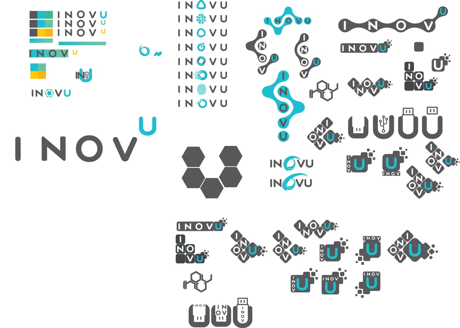 Planche de recherche du logotype INOVU : dizaines de pistes, variantes et déclinaisons