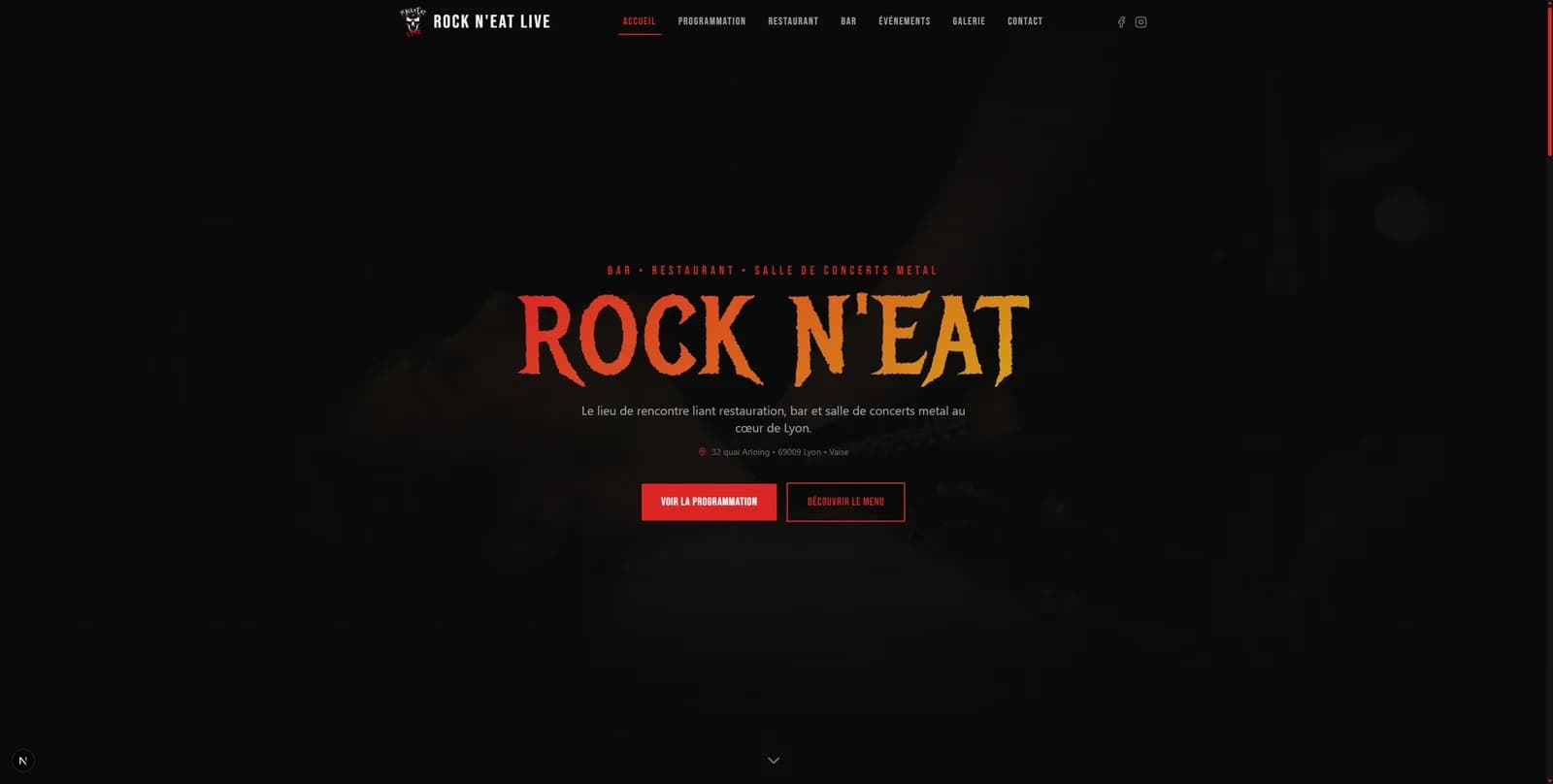 Page d'accueil de Rock n'Eat Live : hero sombre, identité metal, appels à l'action