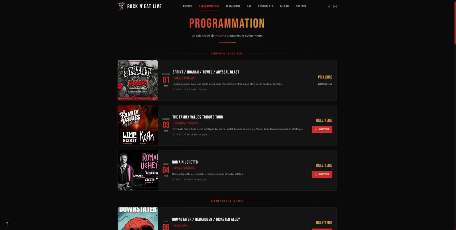 Page programmation de Rock n'Eat : affiches de concerts classées par semaine